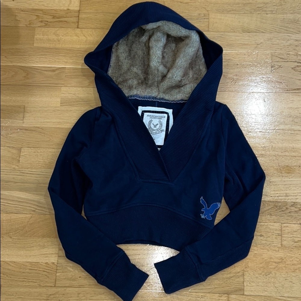 Blue American Eagle faux fur cropped jacket